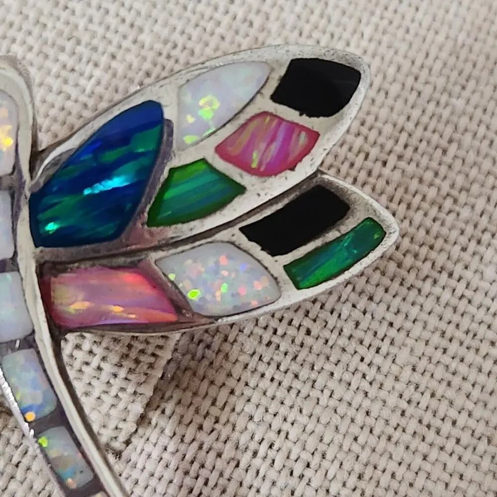 Vintage Sterling Silver Colorful DRAGONFLY Pendant Brooch with 18" Chain - Picture 3 of 10